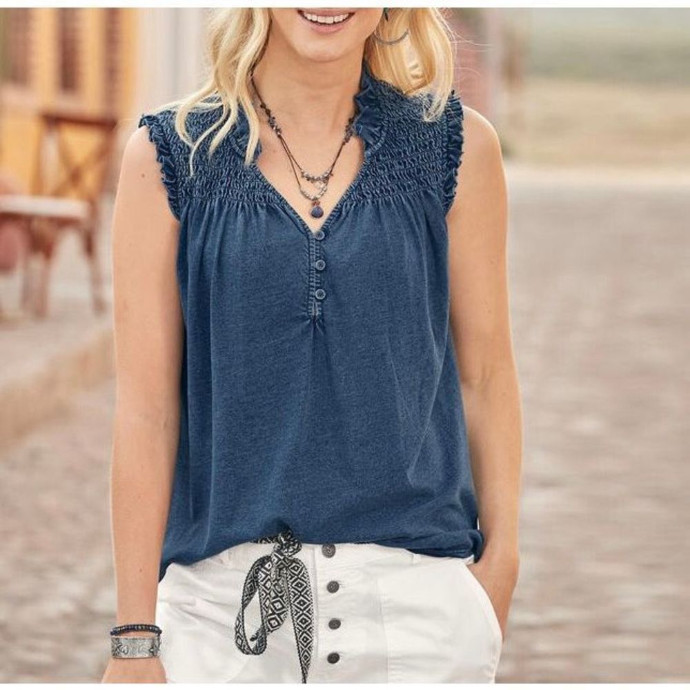Sundance Ivy Jane Tank Top Chambray Denim Smocked Boho Western Blue Size S